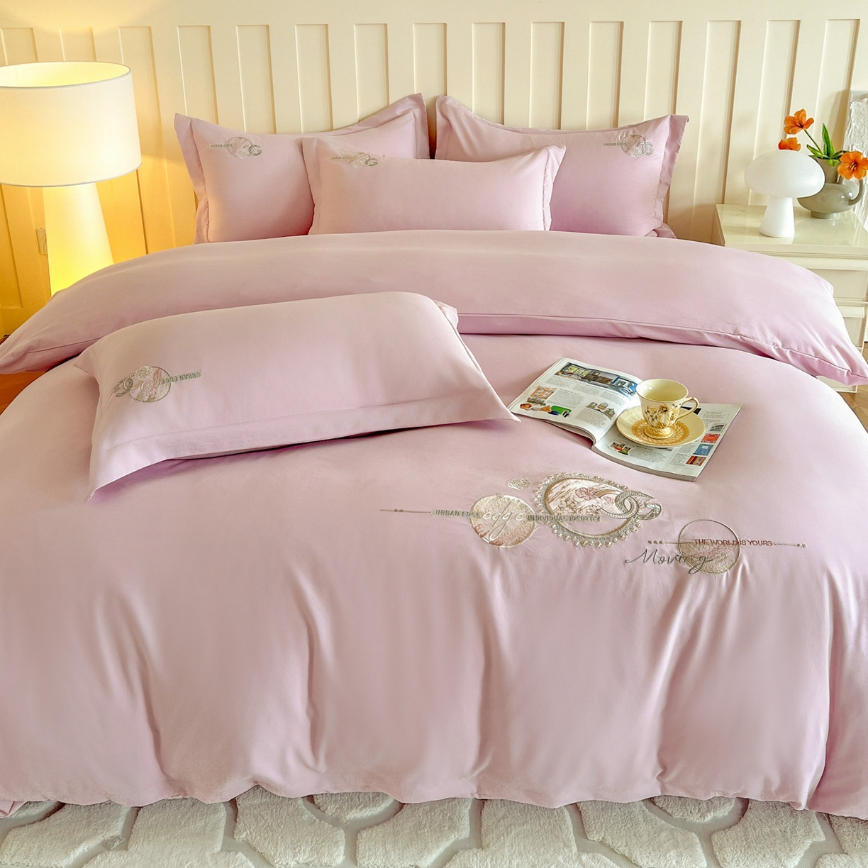 91家纺网 家纺一手货源 找家纺 文黛家居 2025新款高克重水洗棉绣花四件套-奢侈生活 奢侈生活-粉