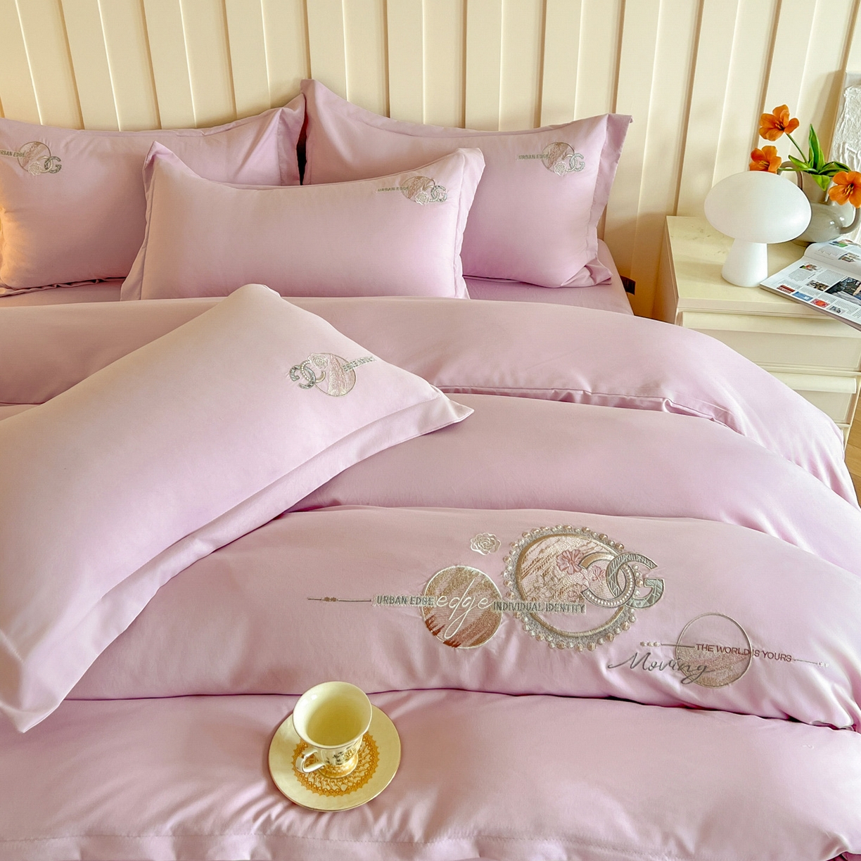 91家纺网 家纺一手货源 找家纺 文黛家居 2025新款高克重水洗棉绣花四件套-奢侈生活 奢侈生活-粉