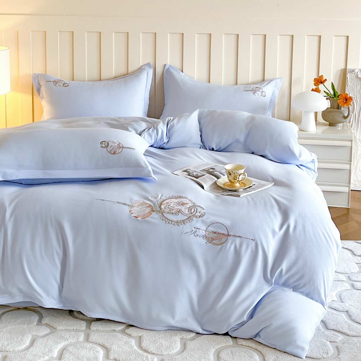 91家纺网 家纺一手货源 找家纺 文黛家居 2025新款高克重水洗棉绣花四件套-奢侈生活 奢侈生活-浅蓝