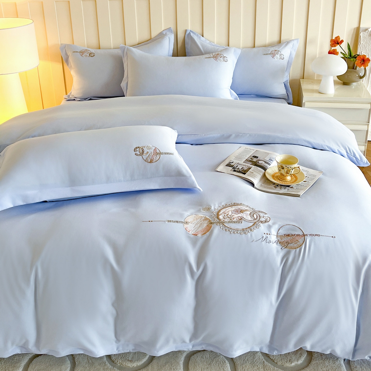 91家纺网 家纺一手货源 找家纺 文黛家居 2025新款高克重水洗棉绣花四件套-奢侈生活 奢侈生活-浅蓝