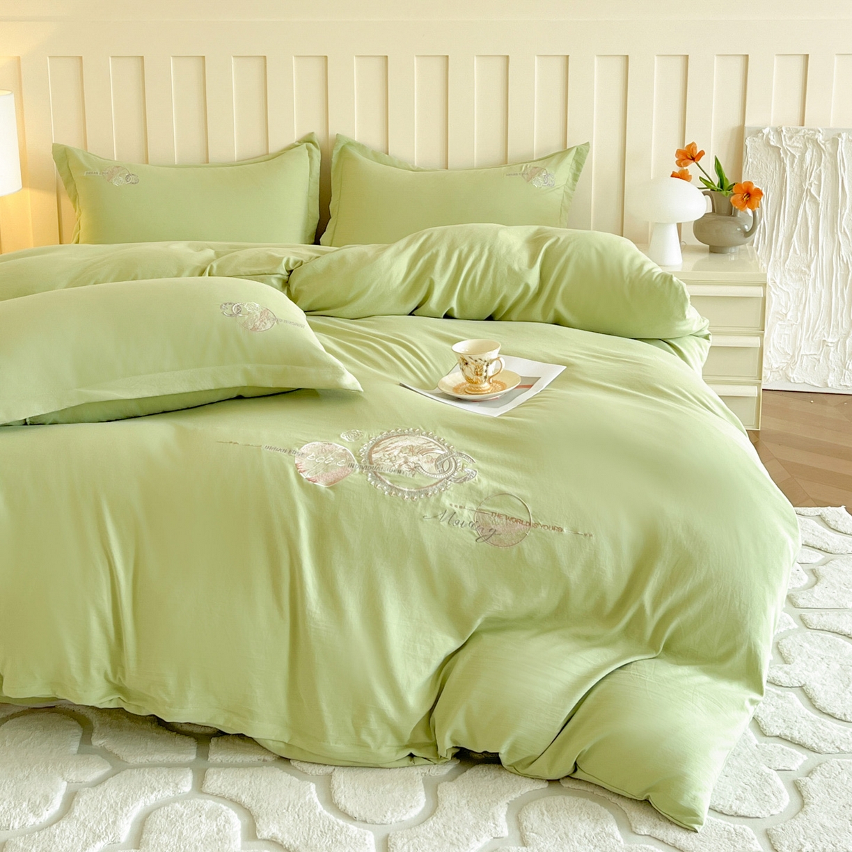 91家纺网 家纺一手货源 找家纺 文黛家居 2025新款高克重水洗棉绣花四件套-奢侈生活 奢侈生活-果绿