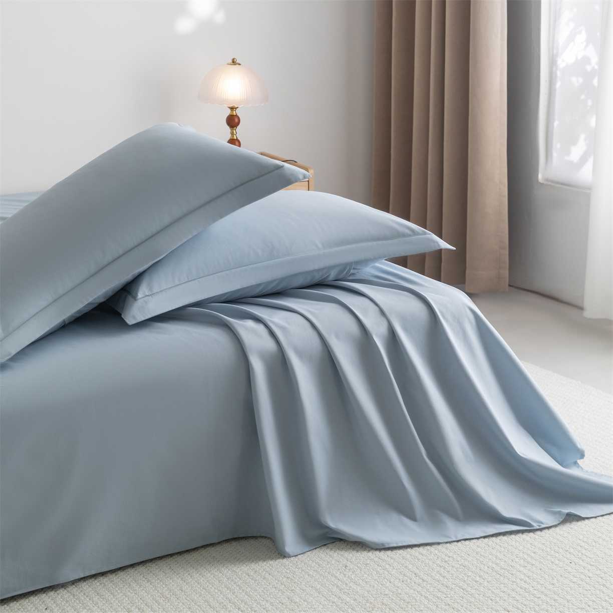 91家纺网 家纺一手货源 找家纺 宝时兰 2025新款加厚100%全棉高支高密长绒棉纯色磨毛床单纯棉单件床单-系列二【提供买家秀/可定制其他尺寸】 晴山蓝