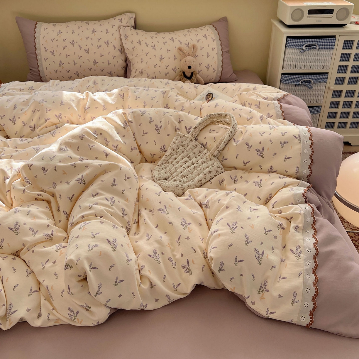 优选 2025秋冬新品韩国小清新有氧提花人字纹双层纱全棉蕾丝花边加厚四件套 薰衣草-小花边