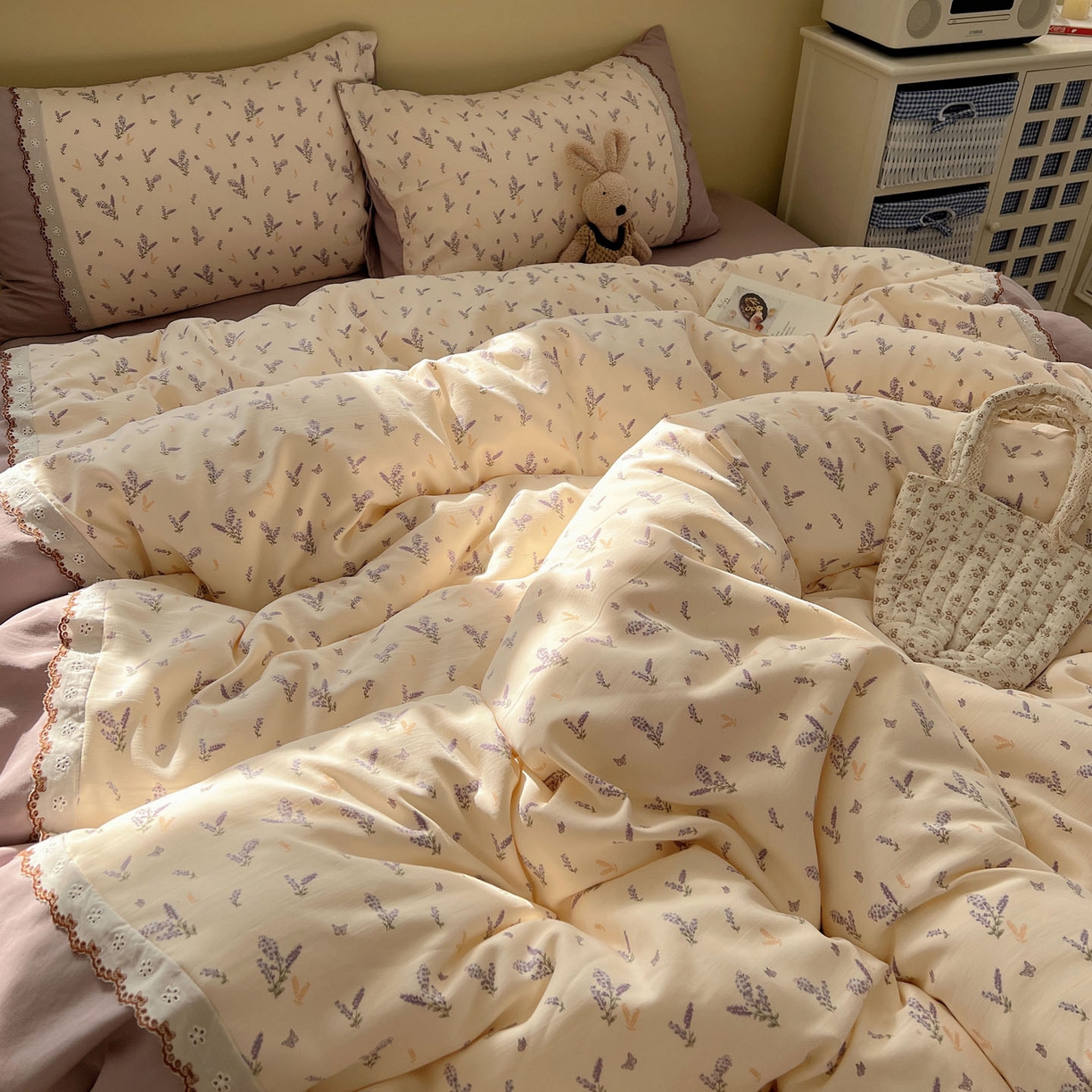 91家纺网 家纺一手货源 找家纺 优选 2025秋冬新品韩国小清新有氧提花人字纹双层纱全棉蕾丝花边加厚四件套 薰衣草-小花边