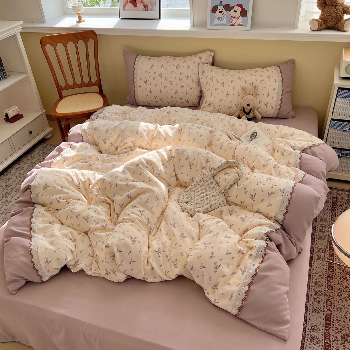 91家纺网 家纺一手货源 找家纺 优选 2025秋冬新品韩国小清新有氧提花人字纹双层纱全棉蕾丝花边加厚四件套 薰衣草-小花边