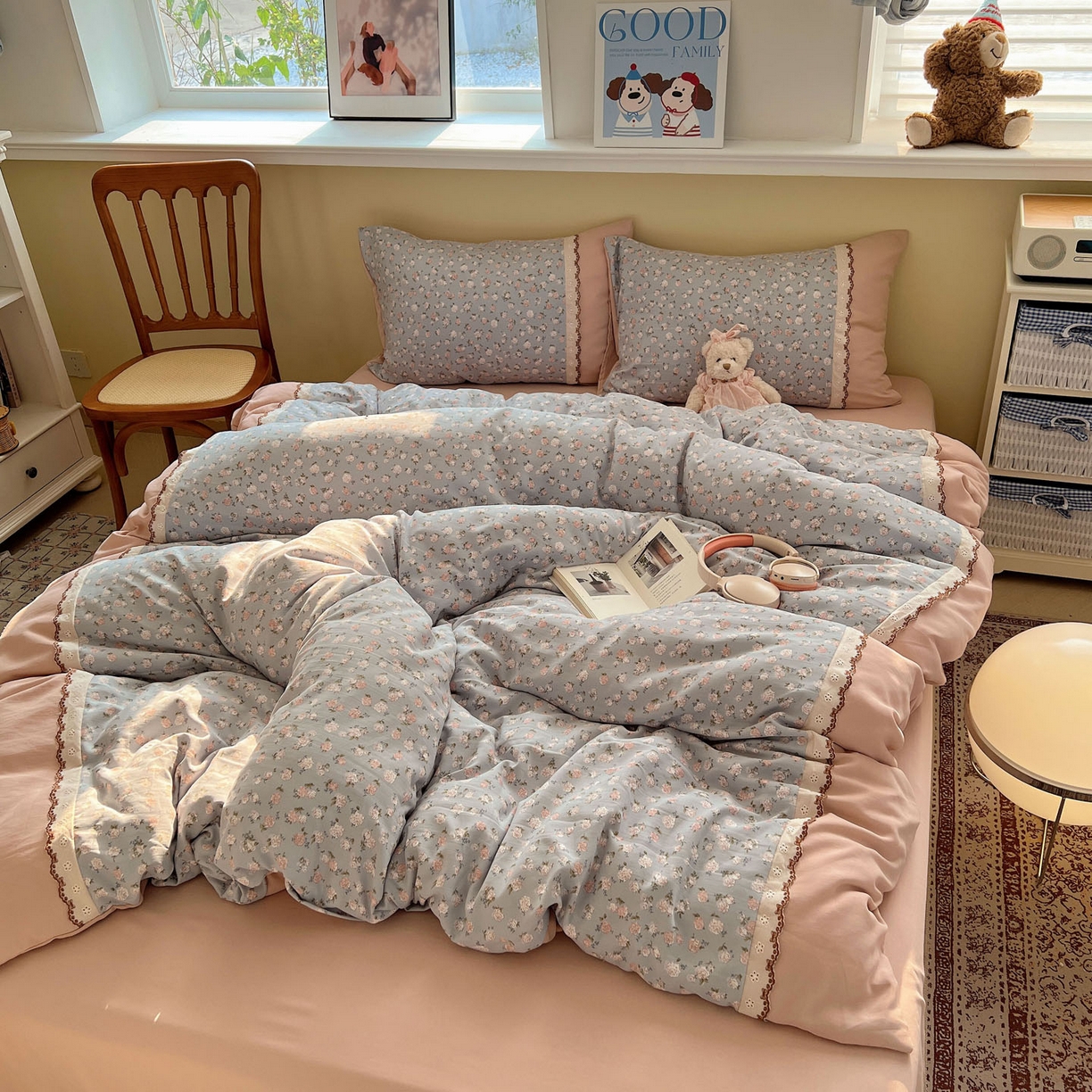 91家纺网 家纺一手货源 找家纺 优选 2025秋冬新品韩国小清新有氧提花人字纹双层纱全棉蕾丝花边加厚四件套 春雨绵绵-小花边