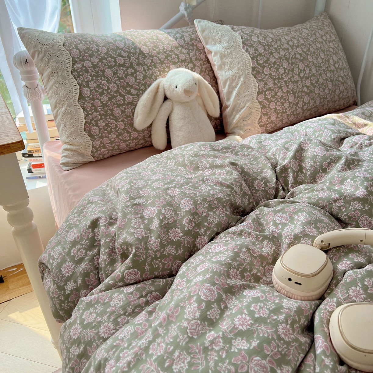 91家纺网 家纺一手货源 找家纺 优选 2025秋冬新品韩国小清新有氧提花人字纹双层纱全棉蕾丝花边加厚四件套 沐春-大花边