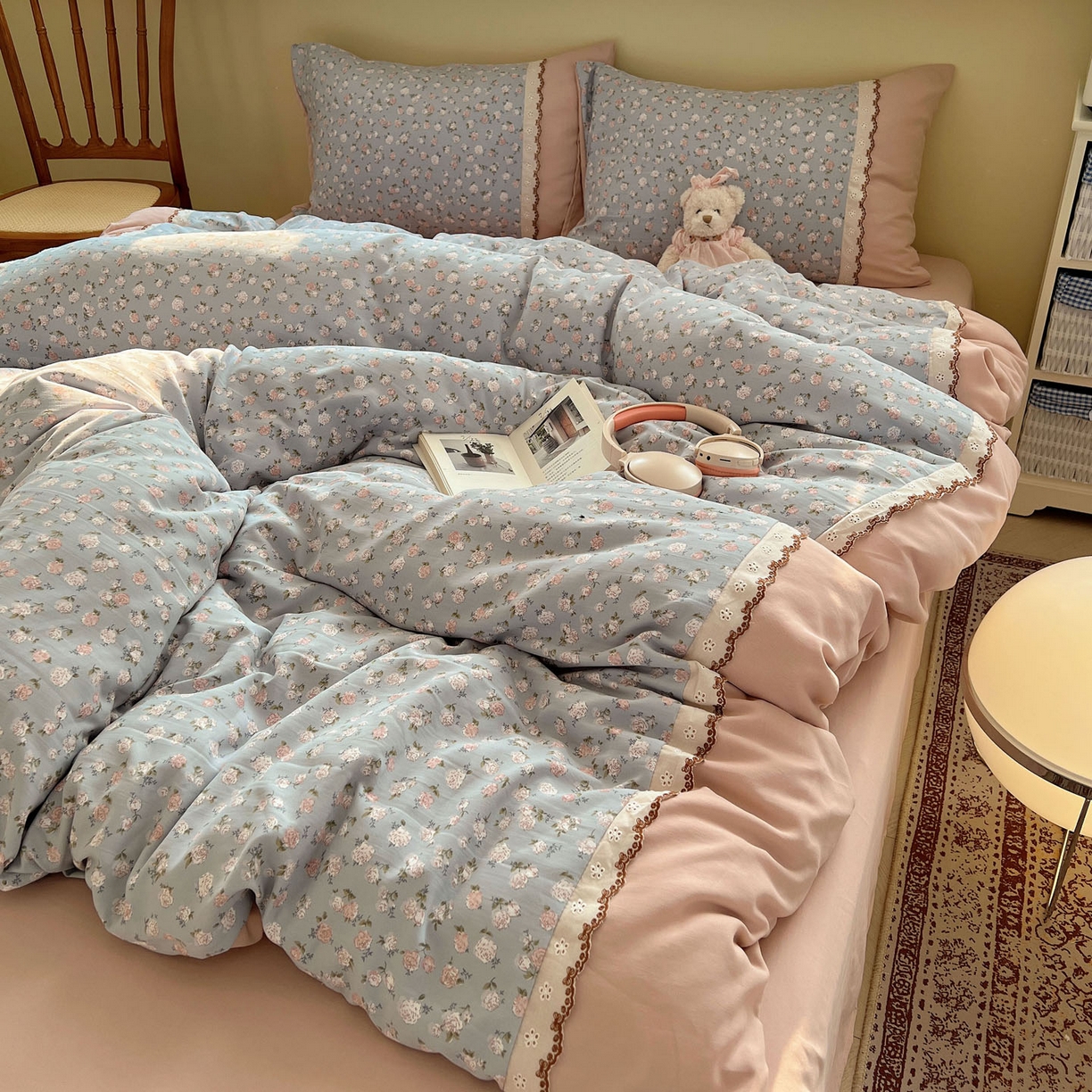 91家纺网 家纺一手货源 找家纺 优选 2025秋冬新品韩国小清新有氧提花人字纹双层纱全棉蕾丝花边加厚四件套 春雨绵绵-小花边