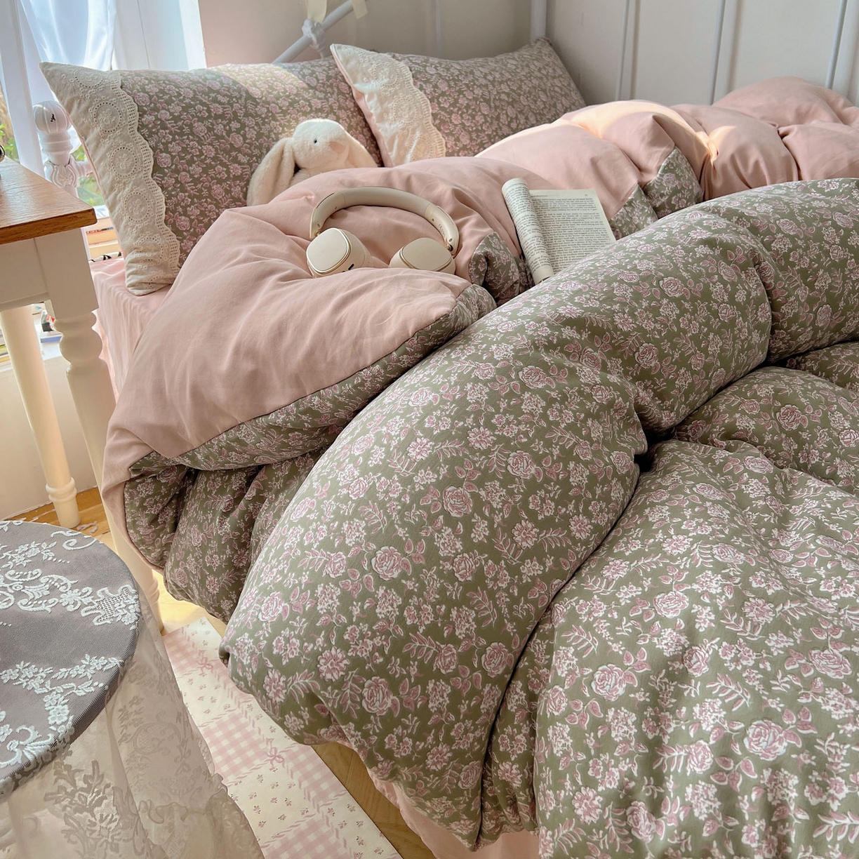 91家纺网 家纺一手货源 找家纺 优选 2025秋冬新品韩国小清新有氧提花人字纹双层纱全棉蕾丝花边加厚四件套 沐春-大花边