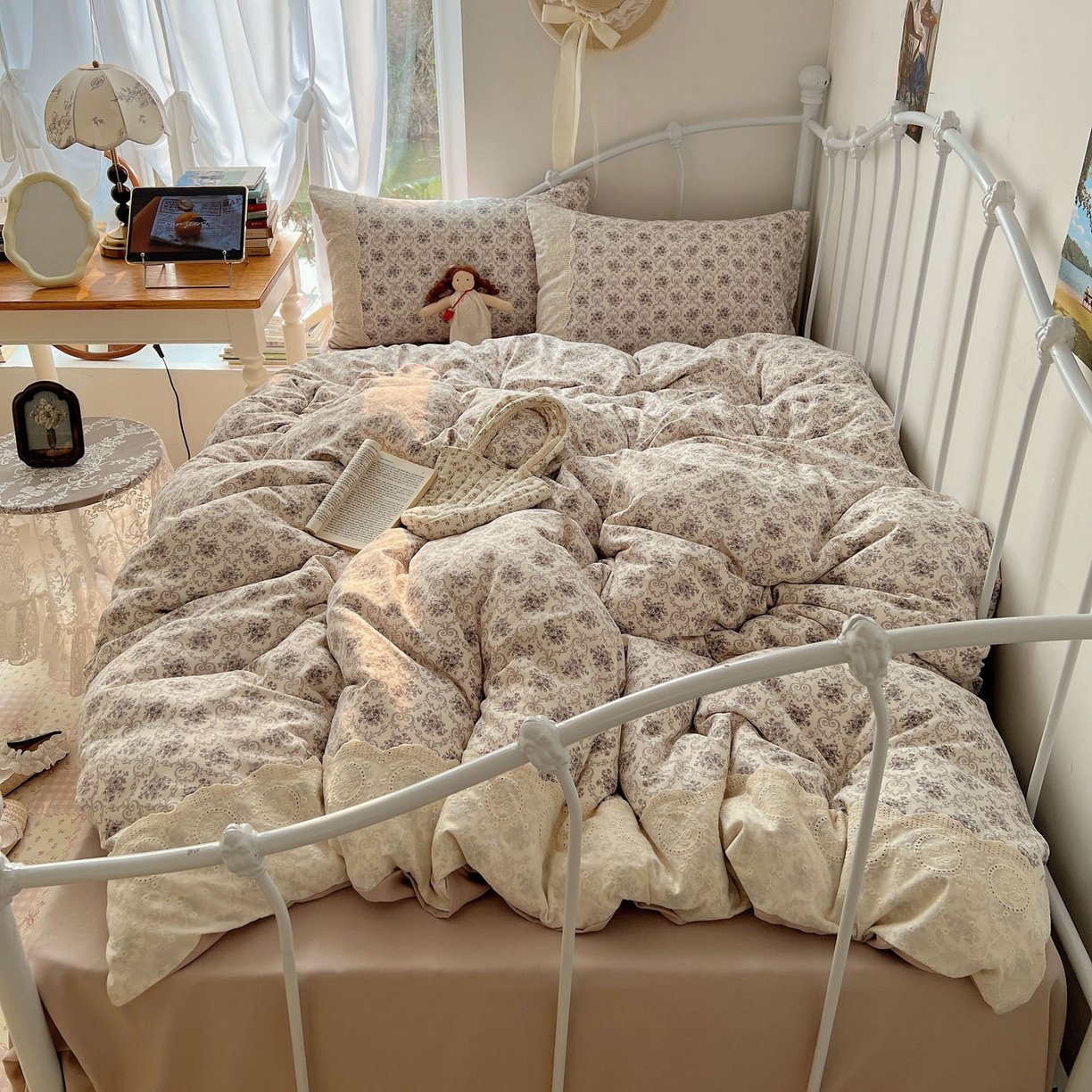 91家纺网 家纺一手货源 找家纺 优选 2025秋冬新品韩国小清新有氧提花人字纹双层纱全棉蕾丝花边加厚四件套 丁香紫-大花边