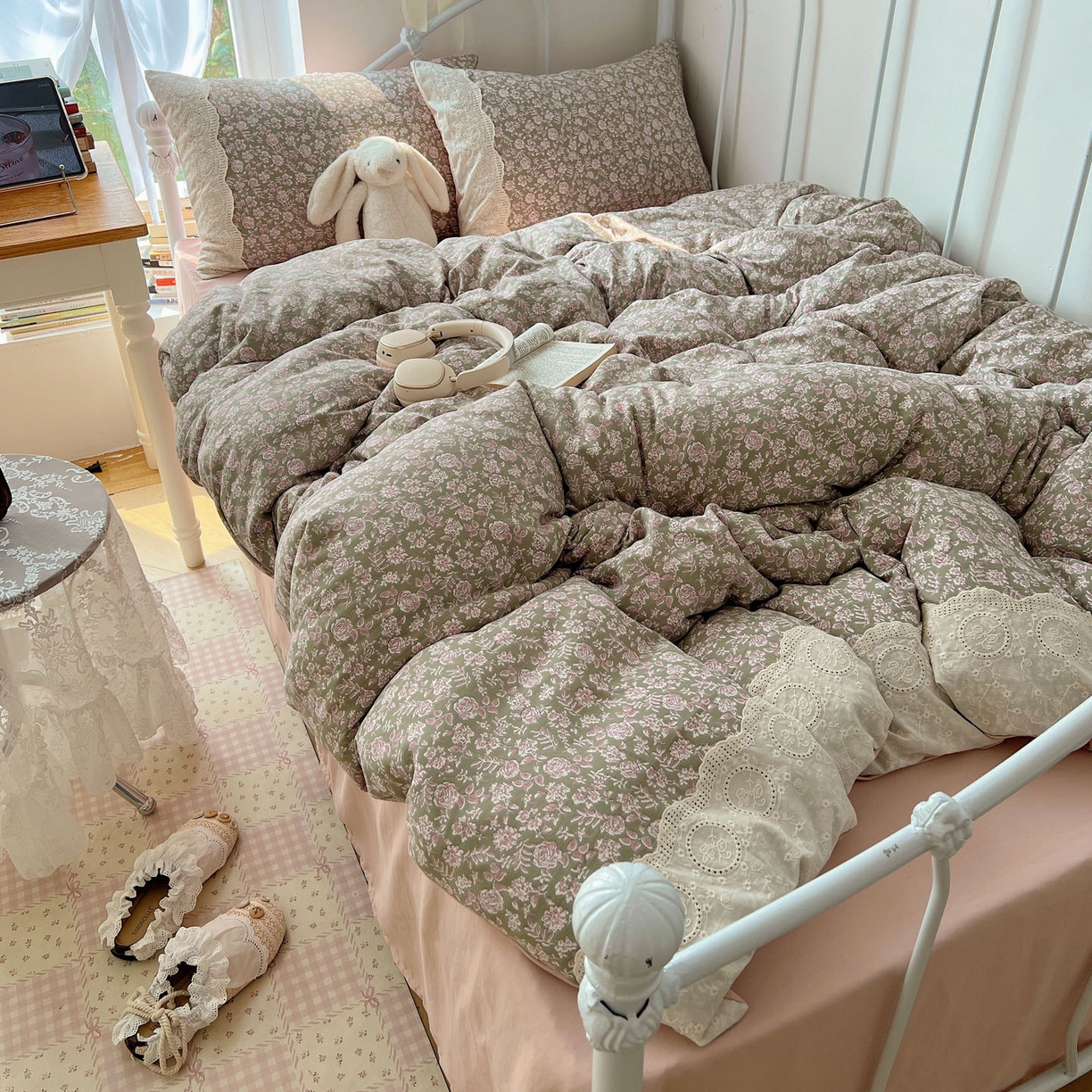 91家纺网 家纺一手货源 找家纺 优选 2025秋冬新品韩国小清新有氧提花人字纹双层纱全棉蕾丝花边加厚四件套 沐春-大花边