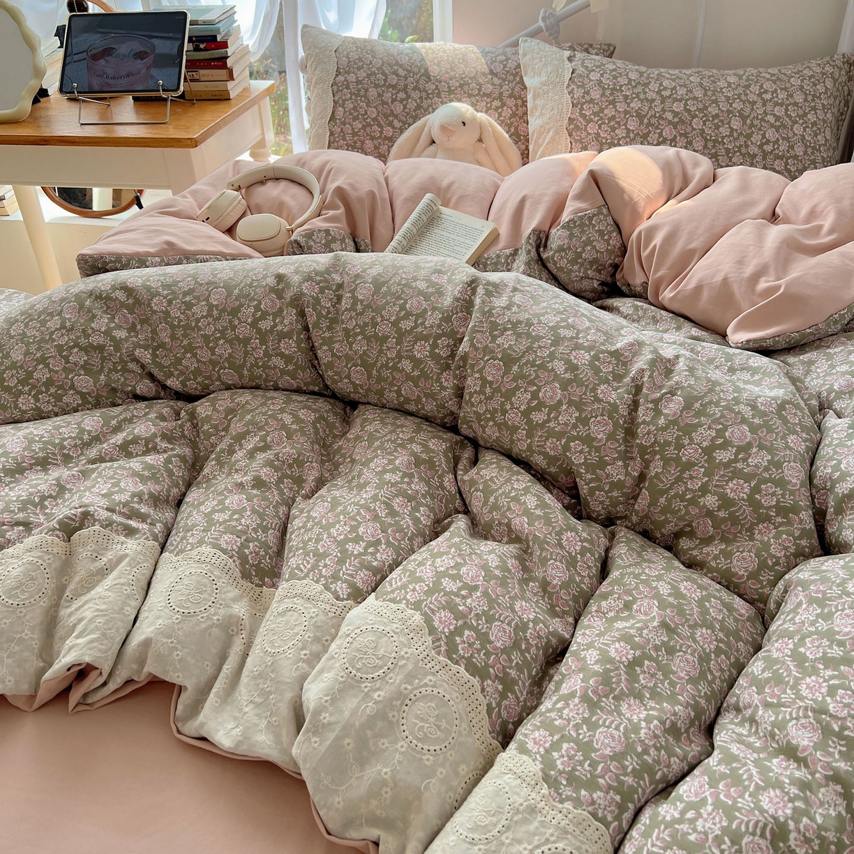 91家纺网 家纺一手货源 找家纺 优选 2025秋冬新品韩国小清新有氧提花人字纹双层纱全棉蕾丝花边加厚四件套 沐春-大花边