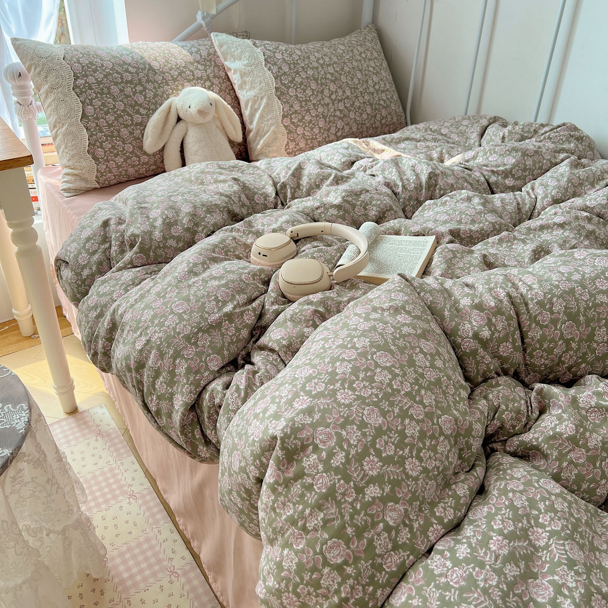 91家纺网 家纺一手货源 找家纺 优选 2025秋冬新品韩国小清新有氧提花人字纹双层纱全棉蕾丝花边加厚四件套 沐春-大花边