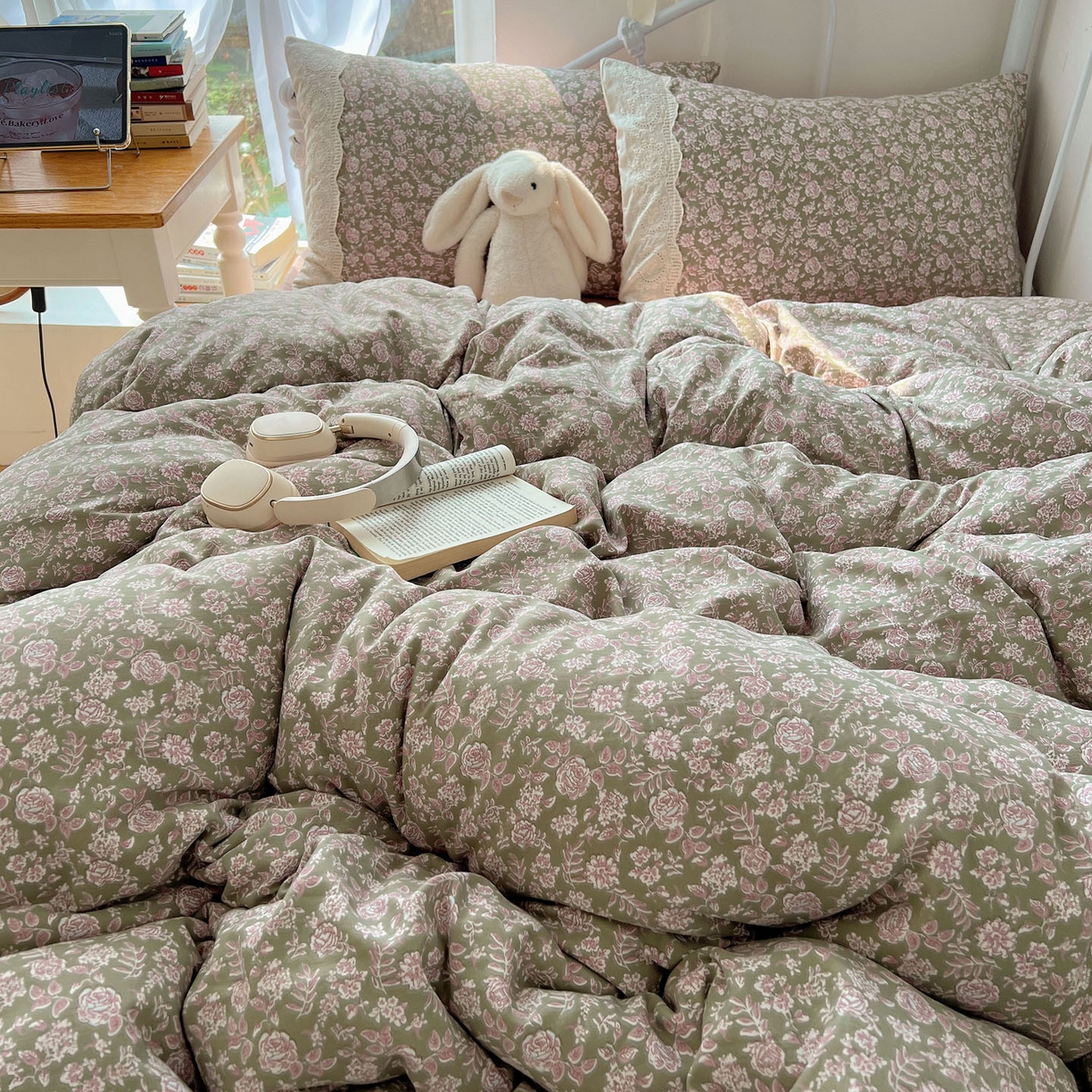 91家纺网 家纺一手货源 找家纺 优选 2025秋冬新品韩国小清新有氧提花人字纹双层纱全棉蕾丝花边加厚四件套 沐春-大花边