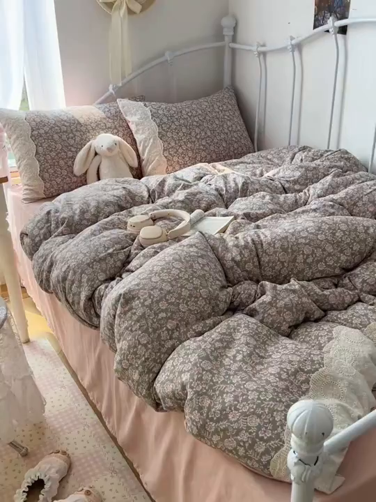 91家纺网 家纺一手货源 找家纺 优选 2025秋冬新品韩国小清新有氧提花人字纹双层纱全棉蕾丝花边加厚四件套 沐春-大花边