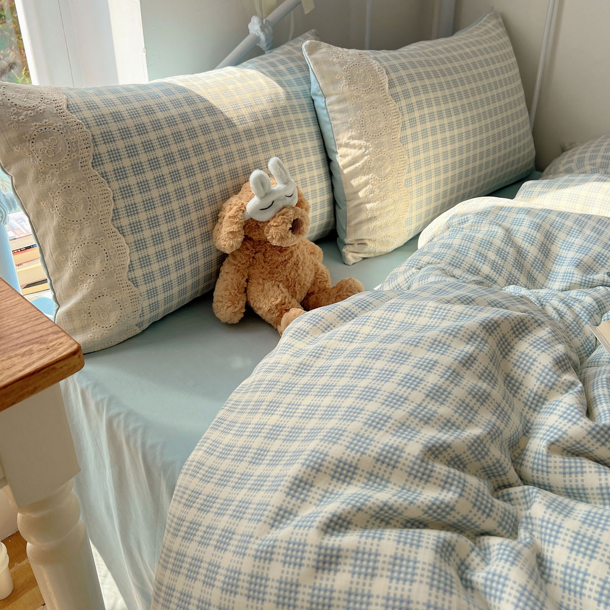 91家纺网 家纺一手货源 找家纺 优选 2025秋冬新品韩国小清新有氧提花人字纹双层纱全棉蕾丝花边加厚四件套 晚樱落海-大花边