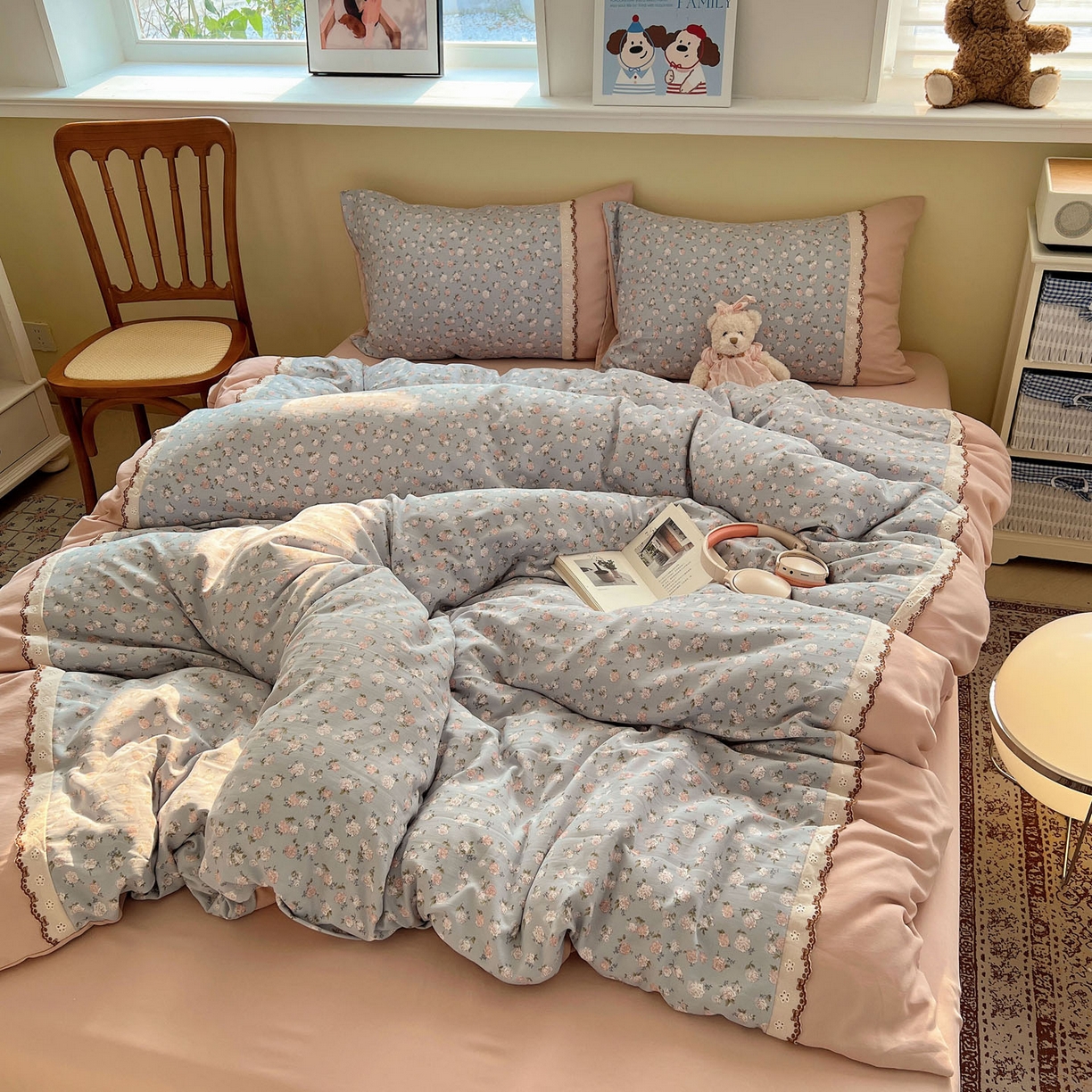 91家纺网 家纺一手货源 找家纺 优选 2025秋冬新品韩国小清新有氧提花人字纹双层纱全棉蕾丝花边加厚四件套 春雨绵绵-小花边