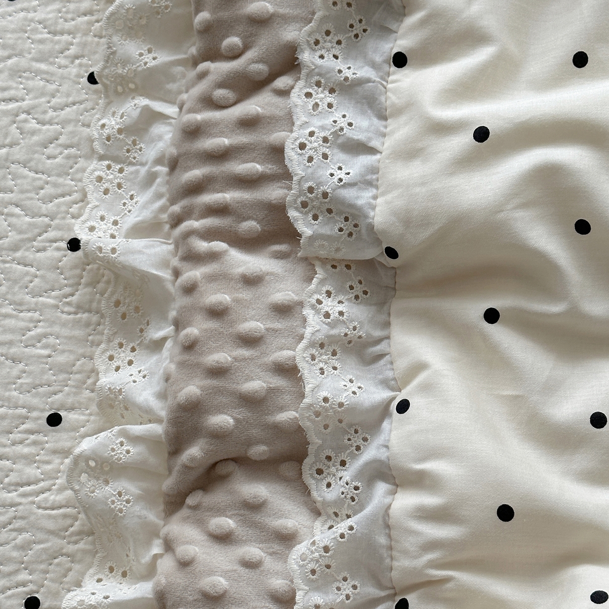 91家纺网 家纺一手货源 找家纺 佰织鑫家居 2025秋冬新品全棉法式床盖款豆豆被四件套 波点