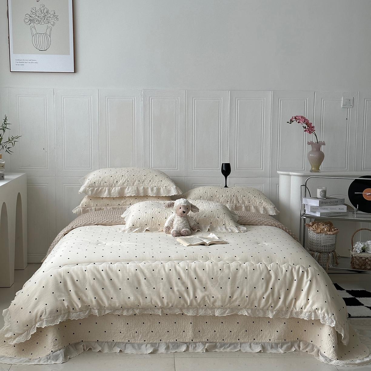 91家纺网 家纺一手货源 找家纺 佰织鑫家居 2025秋冬新品全棉法式床盖款豆豆被四件套 波点