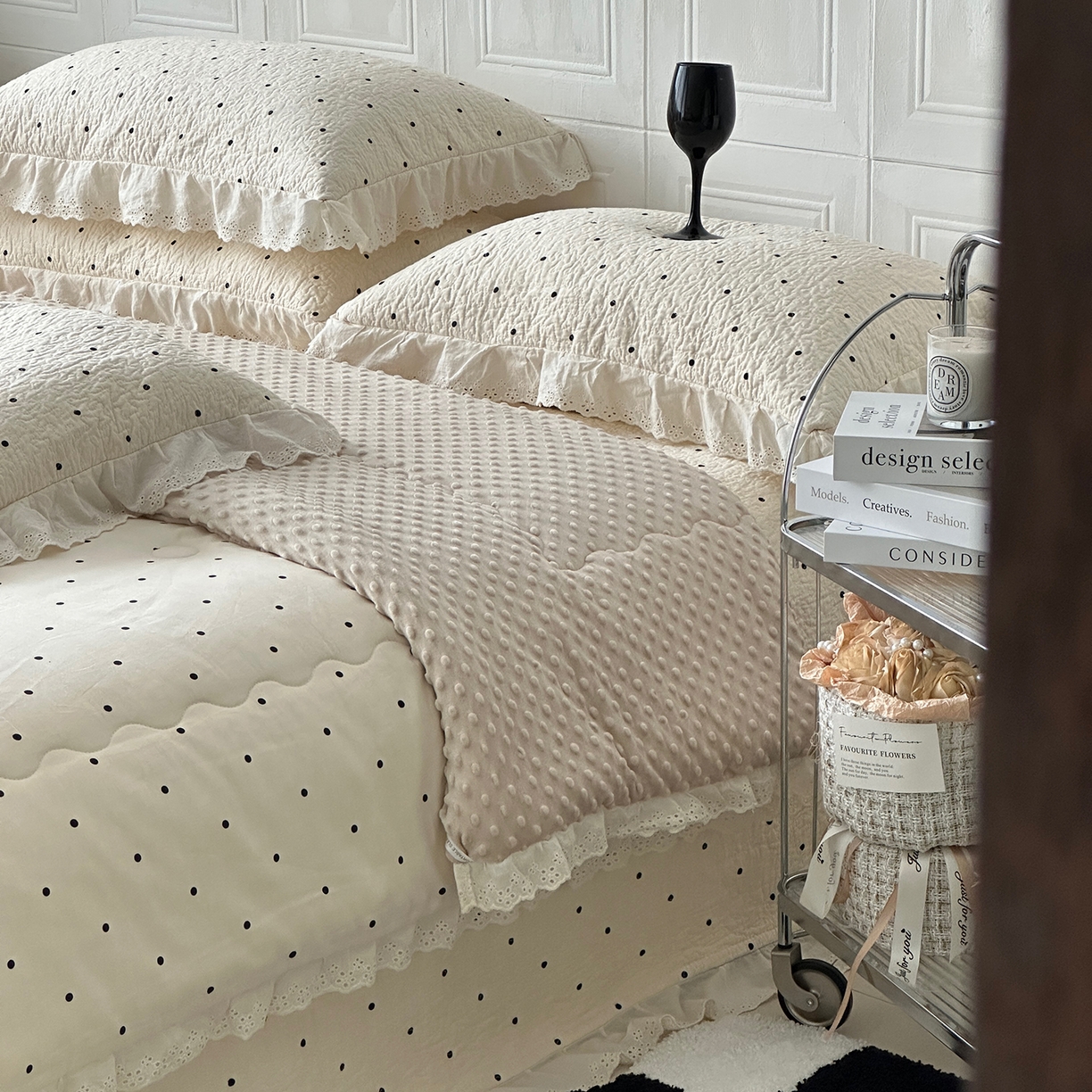 91家纺网 家纺一手货源 找家纺 佰织鑫家居 2025秋冬新品全棉法式床盖款豆豆被四件套 波点