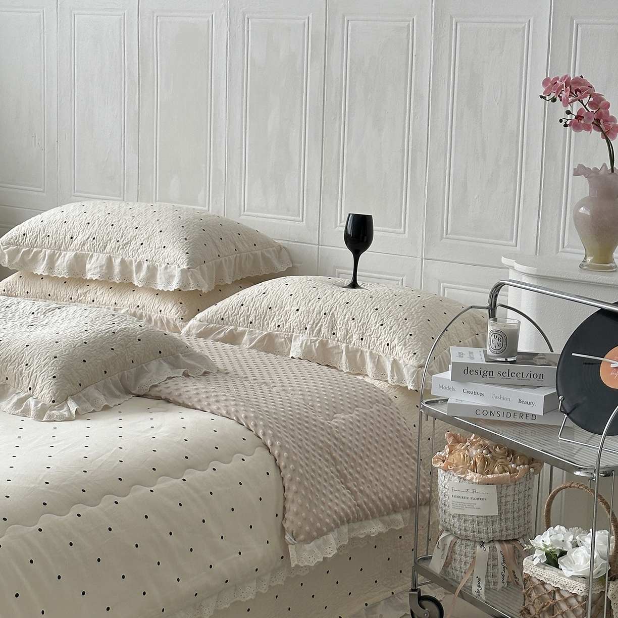 91家纺网 家纺一手货源 找家纺 佰织鑫家居 2025秋冬新品全棉法式床盖款豆豆被四件套 波点