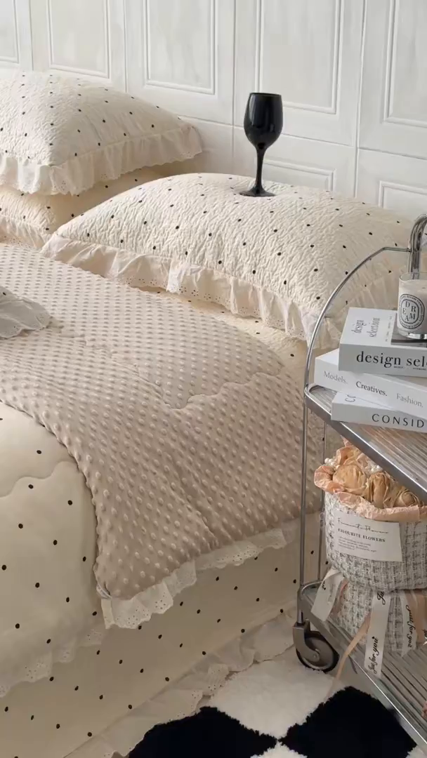 91家纺网 家纺一手货源 找家纺 佰织鑫家居 2025秋冬新品全棉法式床盖款豆豆被四件套 波点