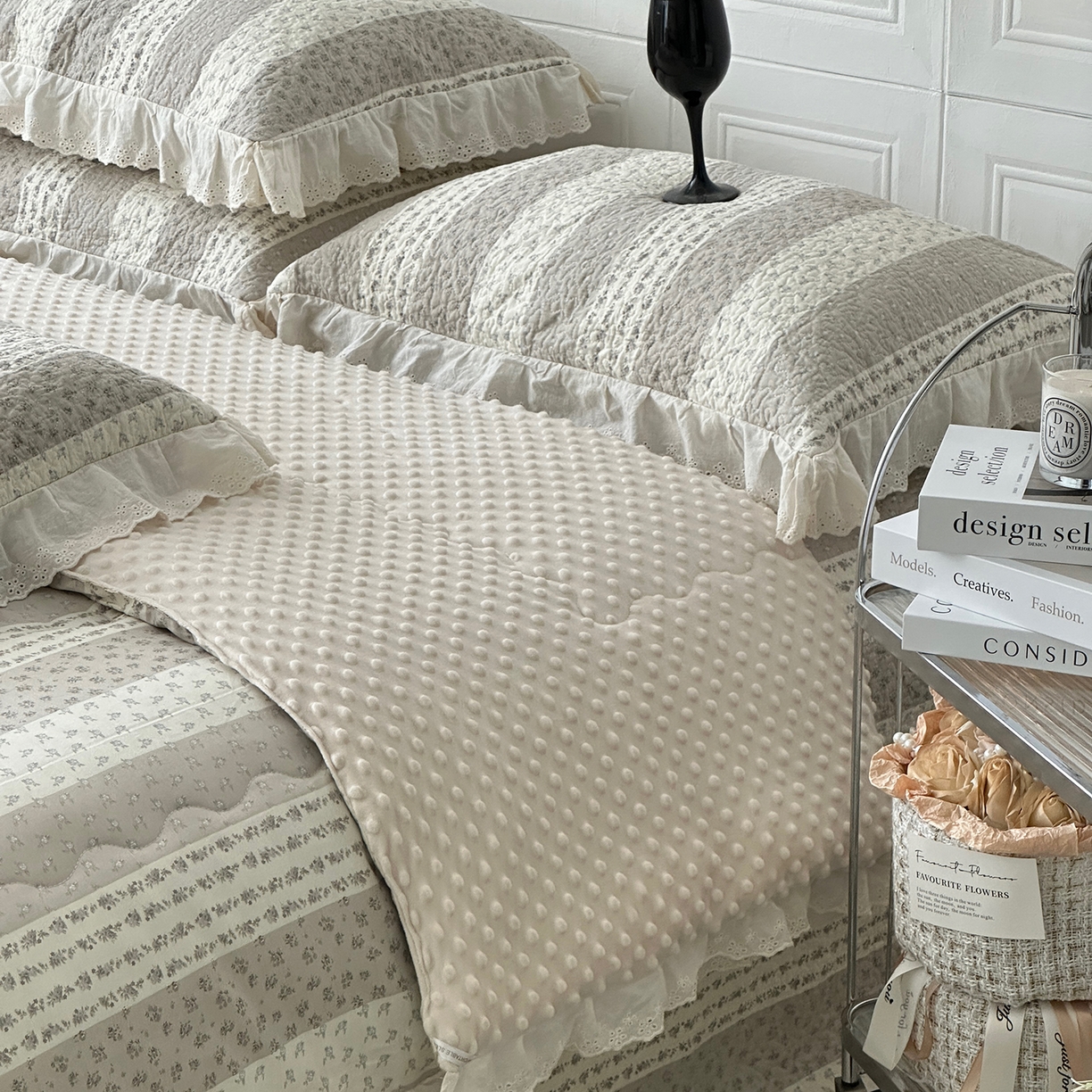 91家纺网 家纺一手货源 找家纺 佰织鑫家居 2025秋冬新品全棉法式床盖款豆豆被四件套 思念