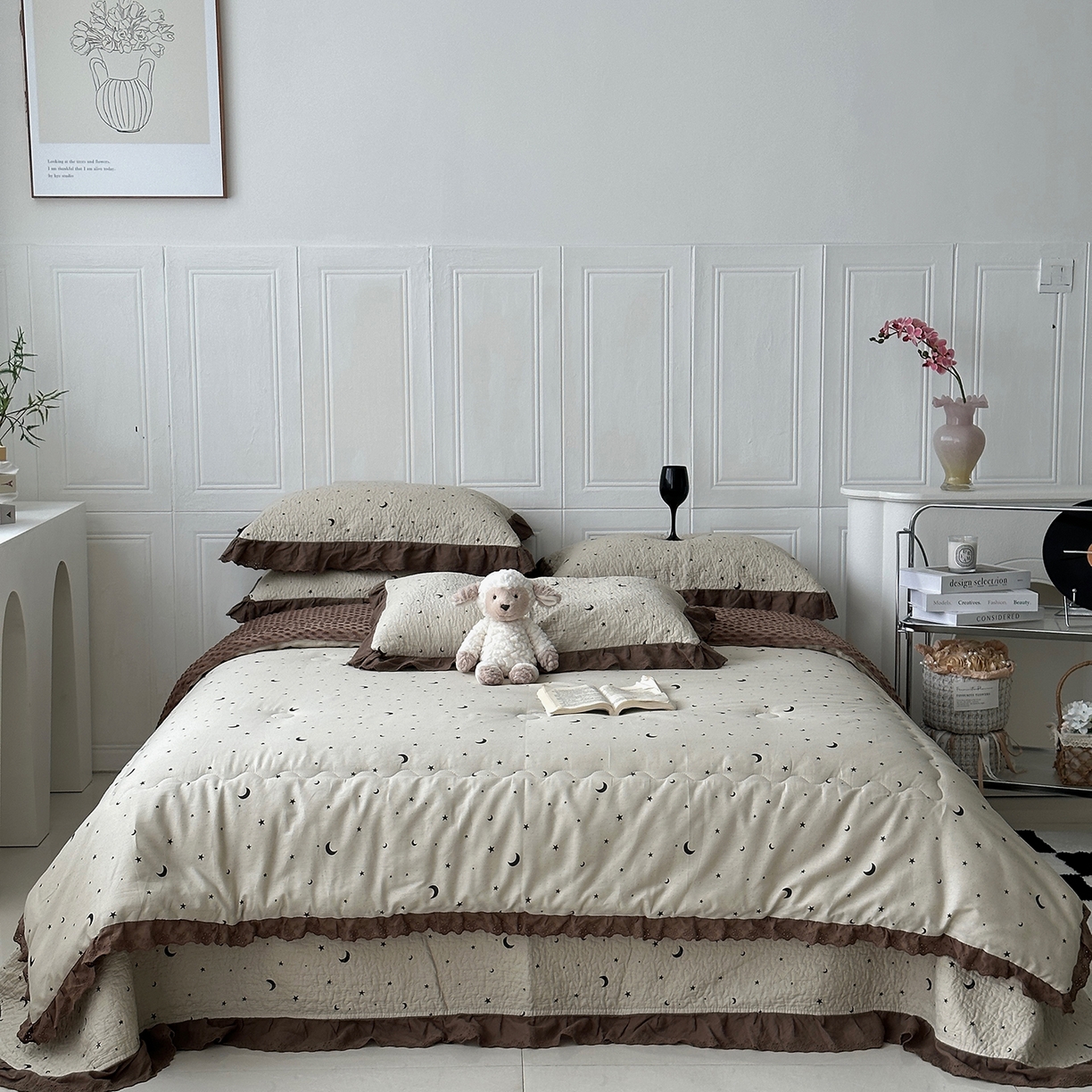 91家纺网 家纺一手货源 找家纺 佰织鑫家居 2025秋冬新品全棉法式床盖款豆豆被四件套 星星月亮