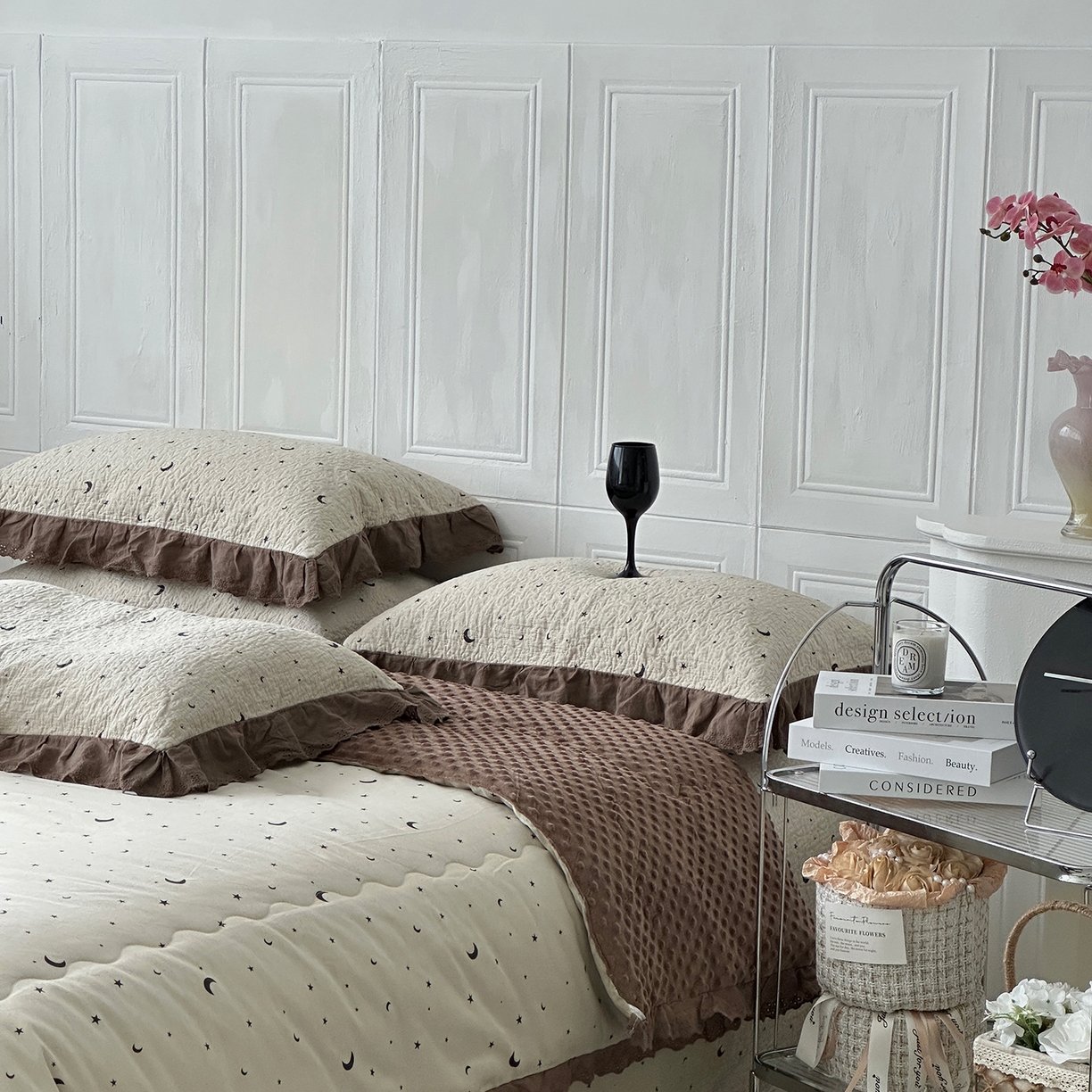 91家纺网 家纺一手货源 找家纺 佰织鑫家居 2025秋冬新品全棉法式床盖款豆豆被四件套 星星月亮