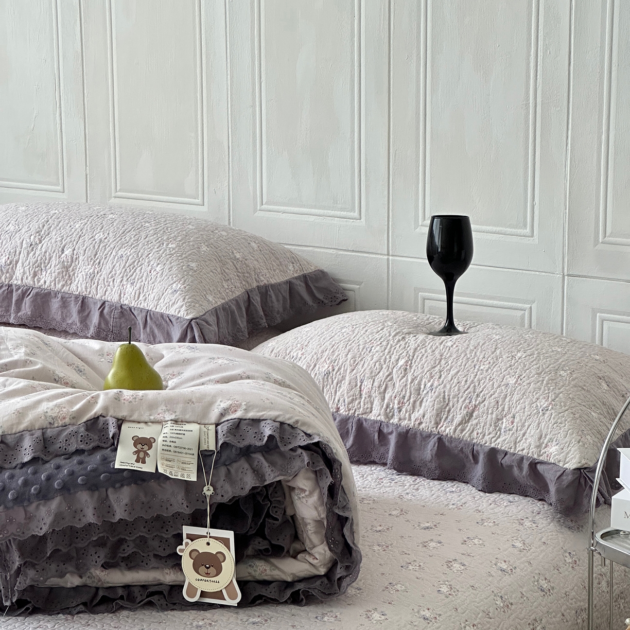 91家纺网 家纺一手货源 找家纺 佰织鑫家居 2025秋冬新品全棉法式床盖款豆豆被四件套 紫苏