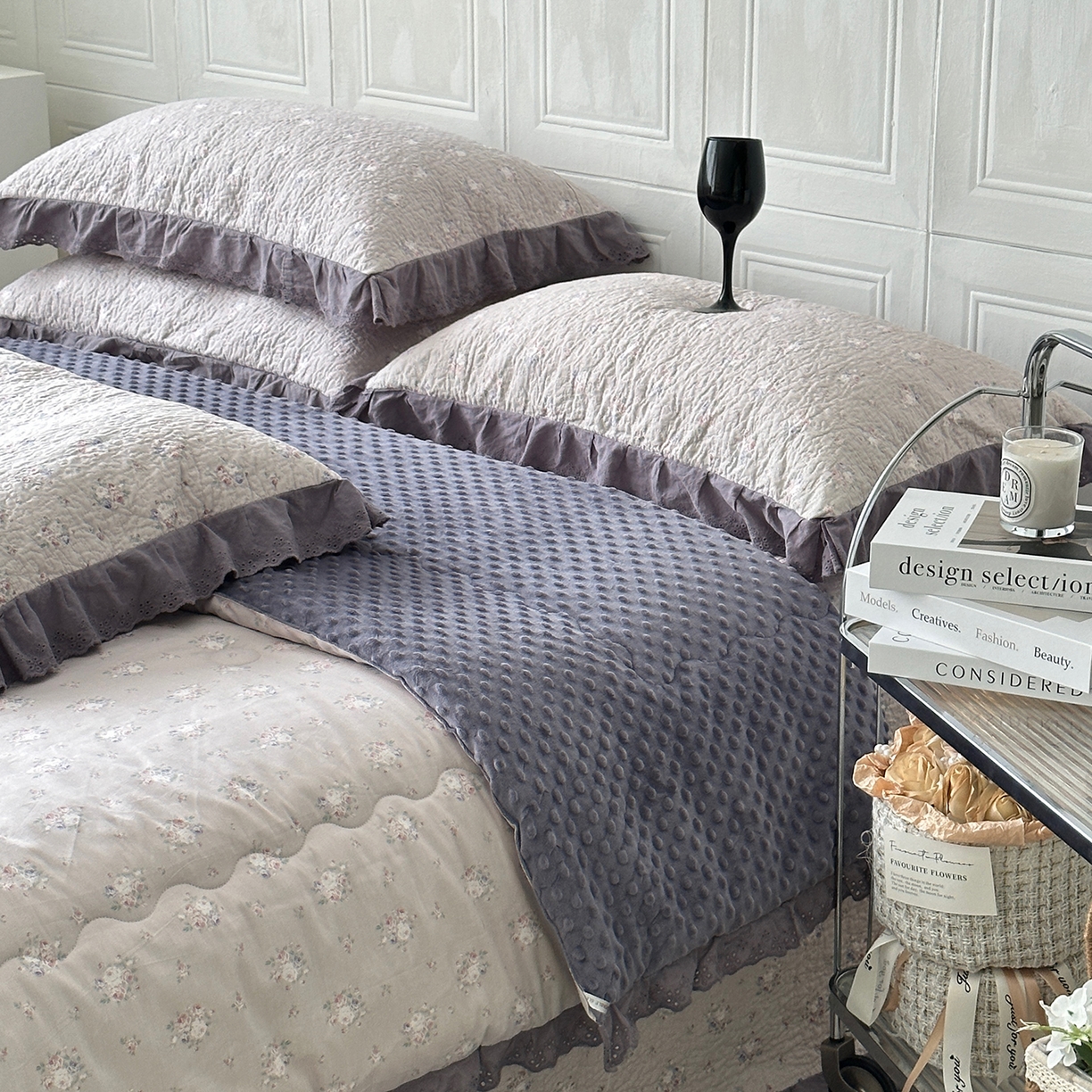 91家纺网 家纺一手货源 找家纺 佰织鑫家居 2025秋冬新品全棉法式床盖款豆豆被四件套 紫苏