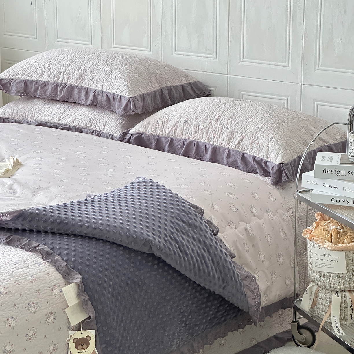 91家纺网 家纺一手货源 找家纺 佰织鑫家居 2025秋冬新品全棉法式床盖款豆豆被四件套 紫苏