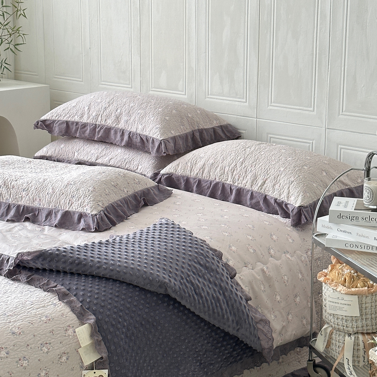 91家纺网 家纺一手货源 找家纺 佰织鑫家居 2025秋冬新品全棉法式床盖款豆豆被四件套 紫苏