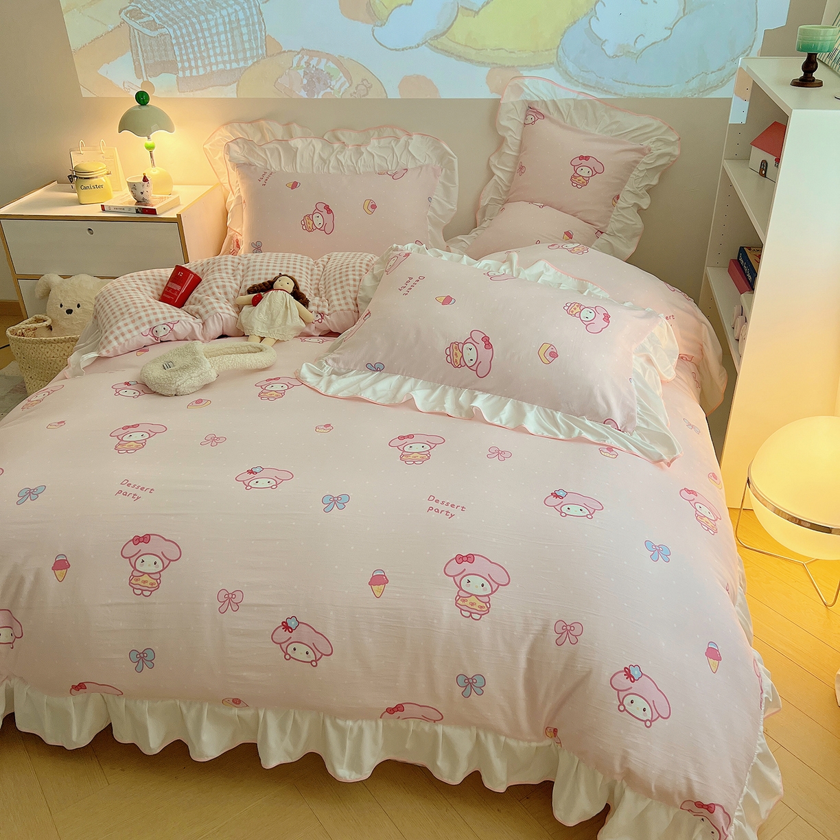 91家纺网 家纺一手货源 找家纺 （总）桃心家居 2025新款A类韩版花边撞色云柔水洗棉加厚牛奶绒少女猫咪棉绒四件套系列