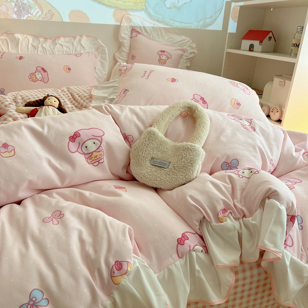 91家纺网 家纺一手货源 找家纺 （总）桃心家居 2025新款A类韩版花边撞色云柔水洗棉加厚牛奶绒少女猫咪棉绒四件套系列