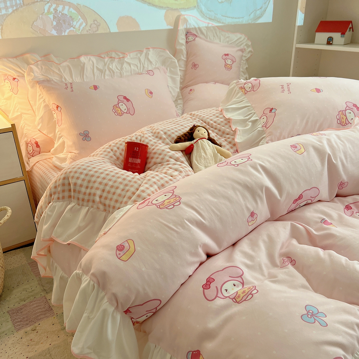 91家纺网 家纺一手货源 找家纺 （总）桃心家居 2025新款A类韩版花边撞色云柔水洗棉加厚牛奶绒少女猫咪棉绒四件套系列