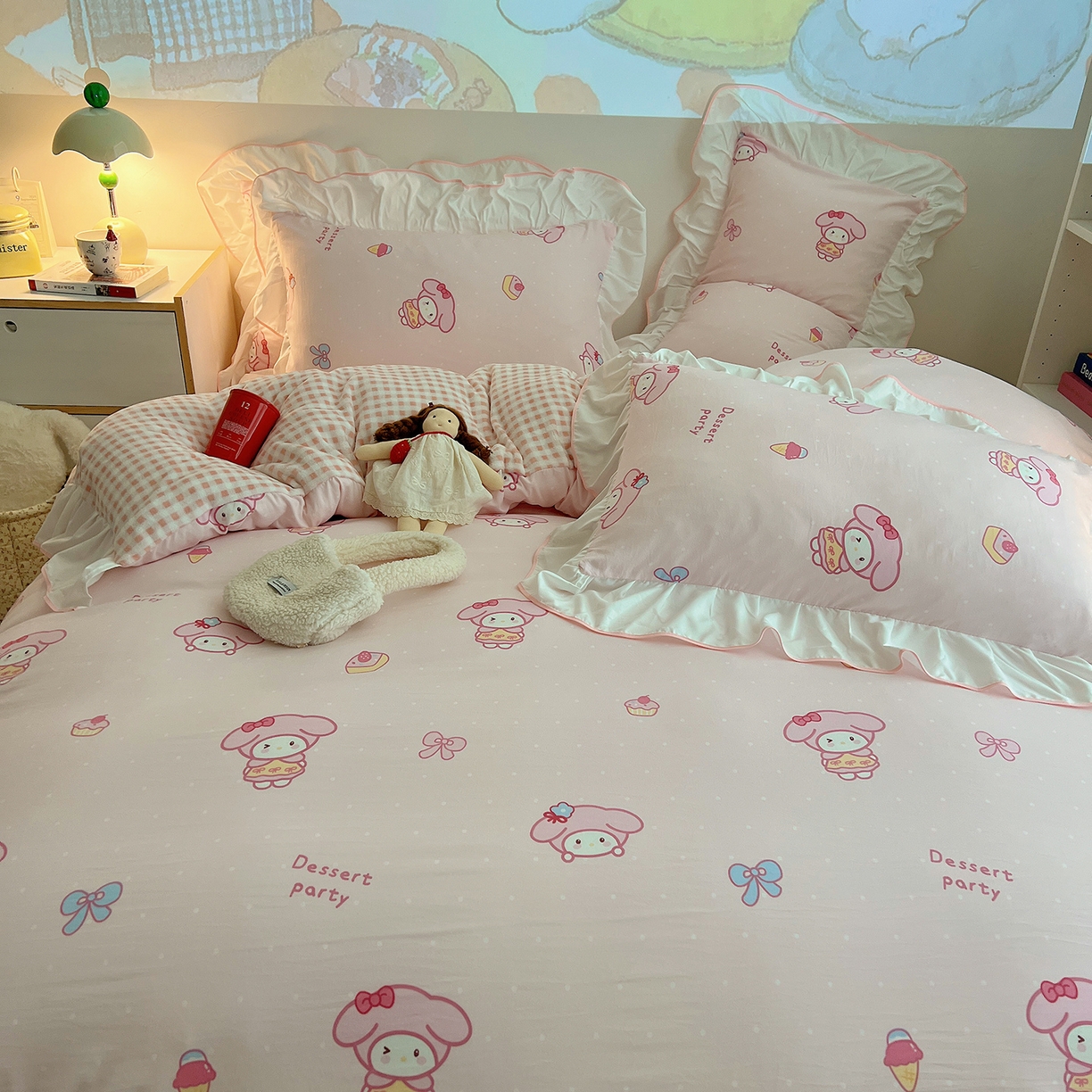 91家纺网 家纺一手货源 找家纺 （总）桃心家居 2025新款A类韩版花边撞色云柔水洗棉加厚牛奶绒少女猫咪棉绒四件套系列