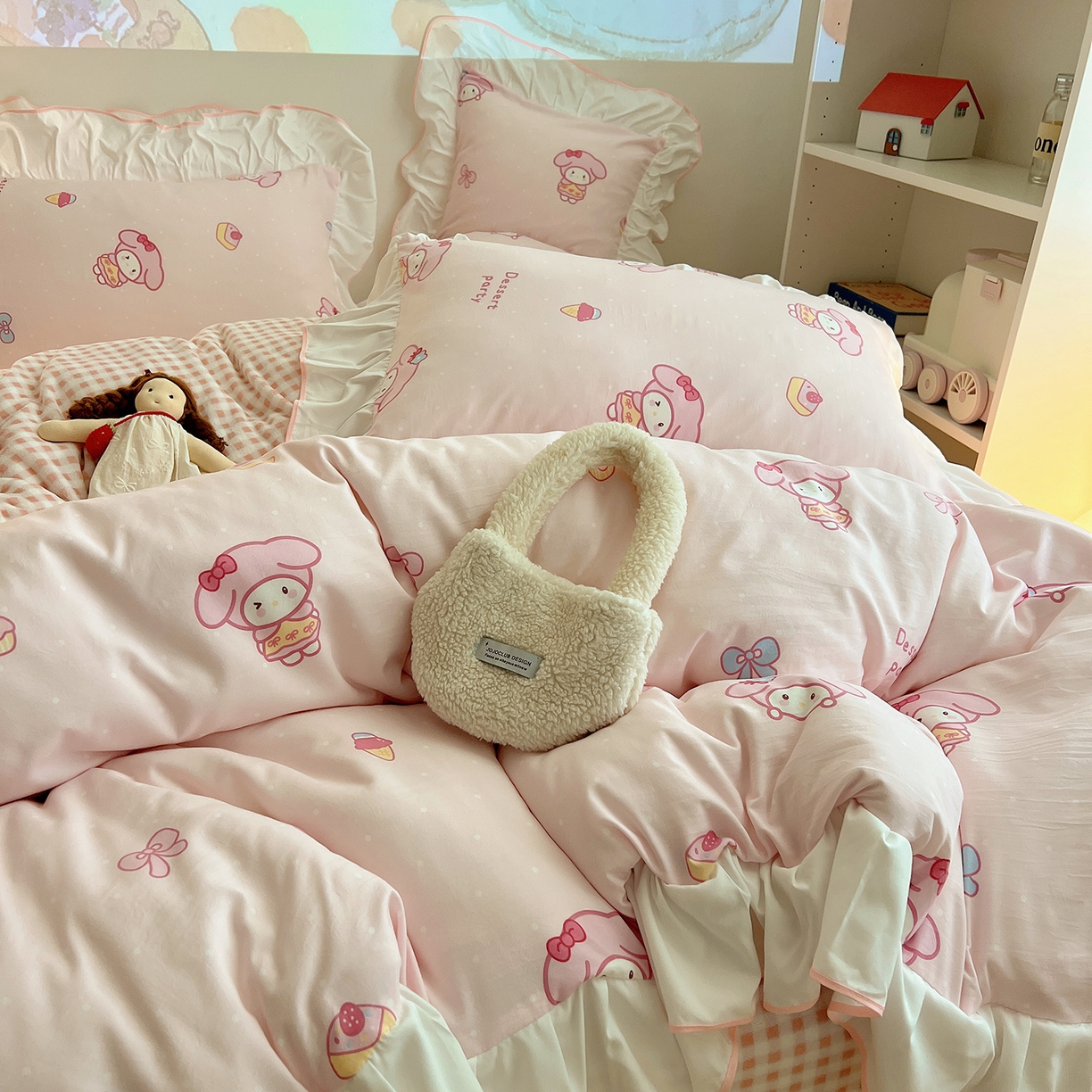 91家纺网 家纺一手货源 找家纺 （总）桃心家居 2025新款A类韩版花边撞色云柔水洗棉加厚牛奶绒少女猫咪棉绒四件套系列