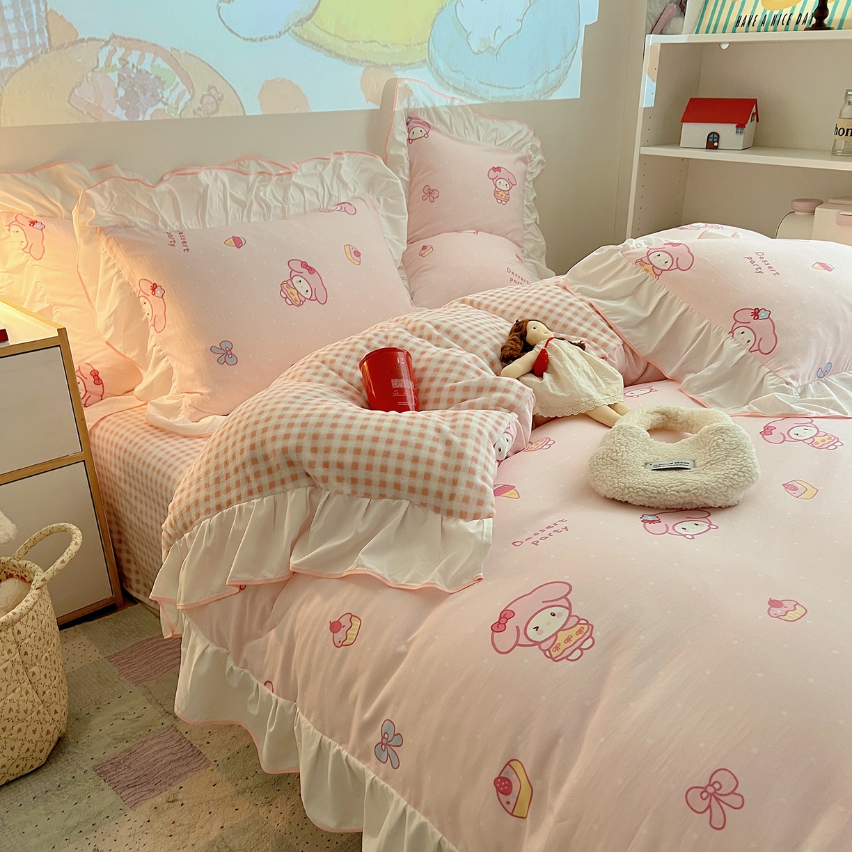 91家纺网 家纺一手货源 找家纺 （总）桃心家居 2025新款A类韩版花边撞色云柔水洗棉加厚牛奶绒少女猫咪棉绒四件套系列