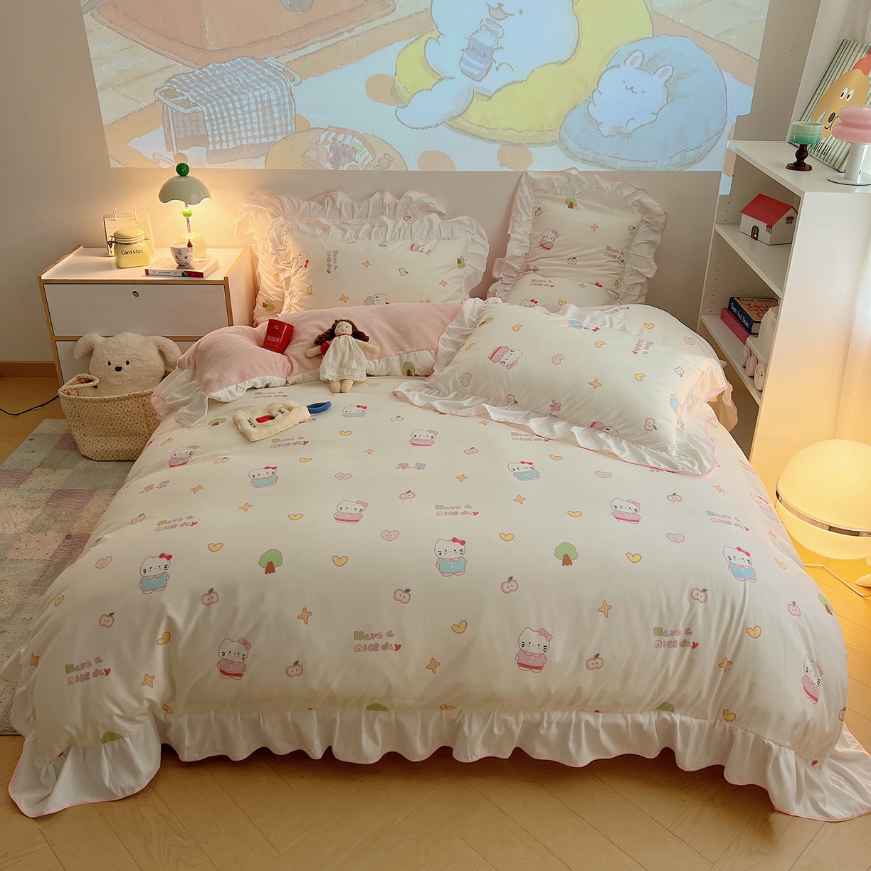 91家纺网 家纺一手货源 找家纺 （总）桃心家居 2025新款A类韩版花边撞色云柔水洗棉加厚牛奶绒少女猫咪棉绒四件套系列