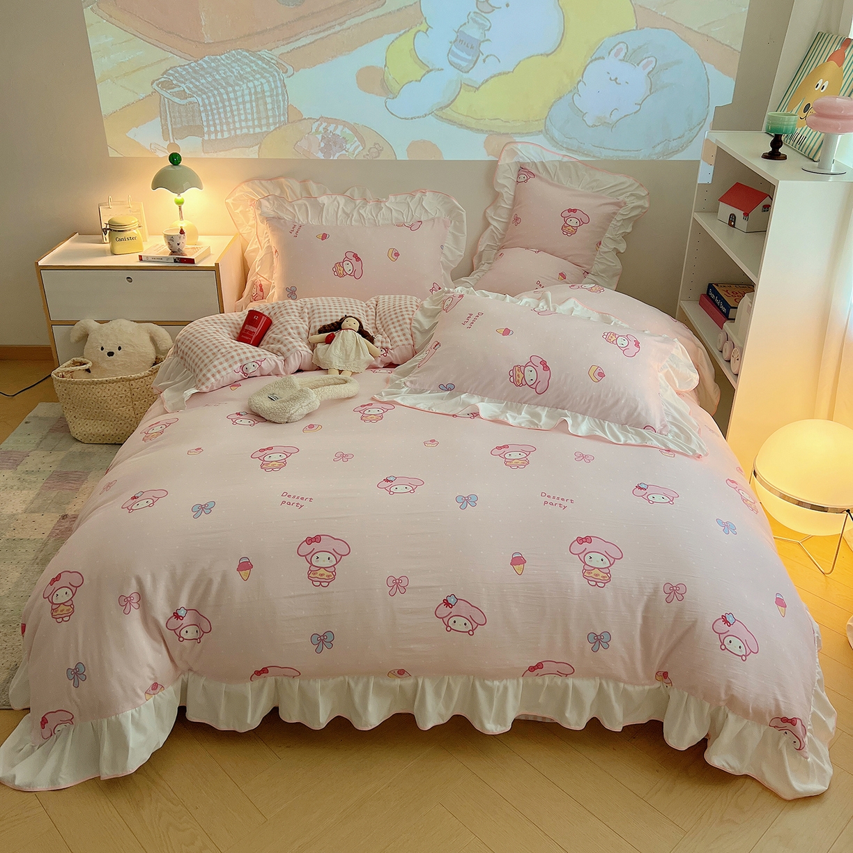 91家纺网 家纺一手货源 找家纺 （总）桃心家居 2025新款A类韩版花边撞色云柔水洗棉加厚牛奶绒少女猫咪棉绒四件套系列