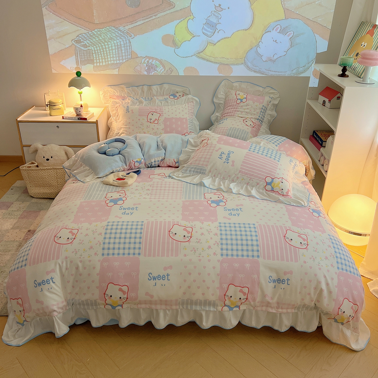 91家纺网 家纺一手货源 找家纺 （总）桃心家居 2025新款A类韩版花边撞色云柔水洗棉加厚牛奶绒少女猫咪棉绒四件套系列