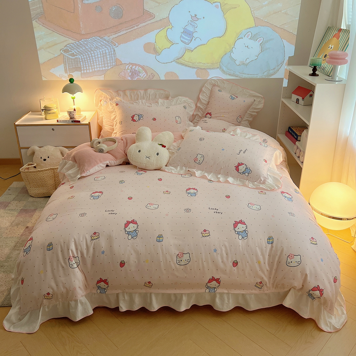 91家纺网 家纺一手货源 找家纺 （总）桃心家居 2025新款A类韩版花边撞色云柔水洗棉加厚牛奶绒少女猫咪棉绒四件套系列