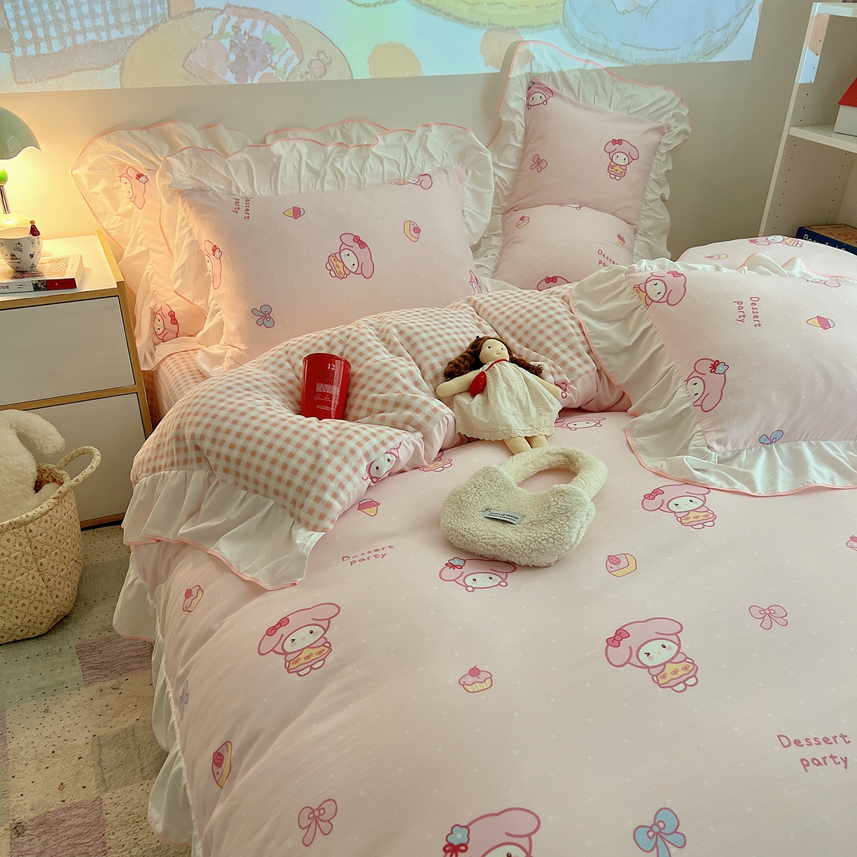 91家纺网 家纺一手货源 找家纺 （总）桃心家居 2025新款A类韩版花边撞色云柔水洗棉加厚牛奶绒少女猫咪棉绒四件套系列