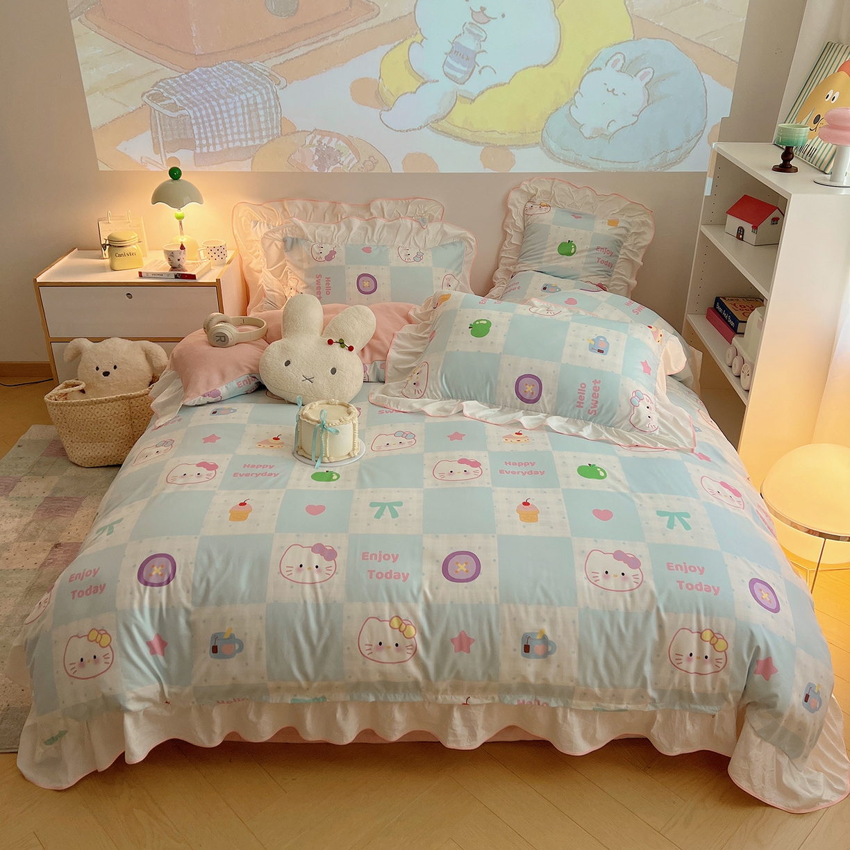 91家纺网 家纺一手货源 找家纺 （总）桃心家居 2025新款A类韩版花边撞色云柔水洗棉加厚牛奶绒少女猫咪棉绒四件套系列