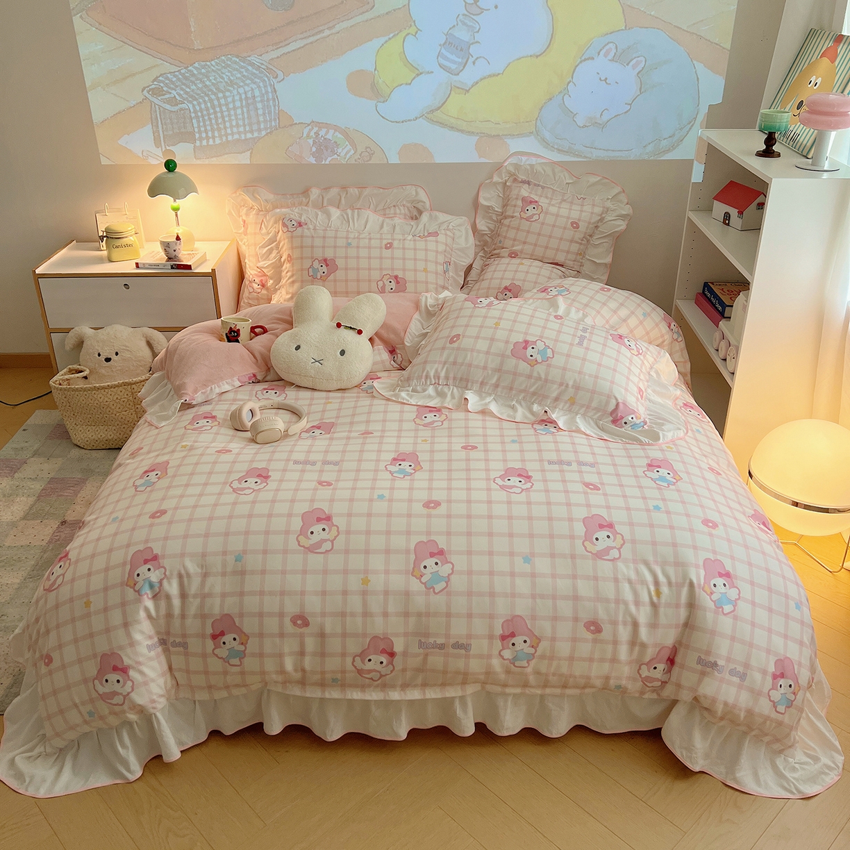 91家纺网 家纺一手货源 找家纺 （总）桃心家居 2025新款A类韩版花边撞色云柔水洗棉加厚牛奶绒少女猫咪棉绒四件套系列