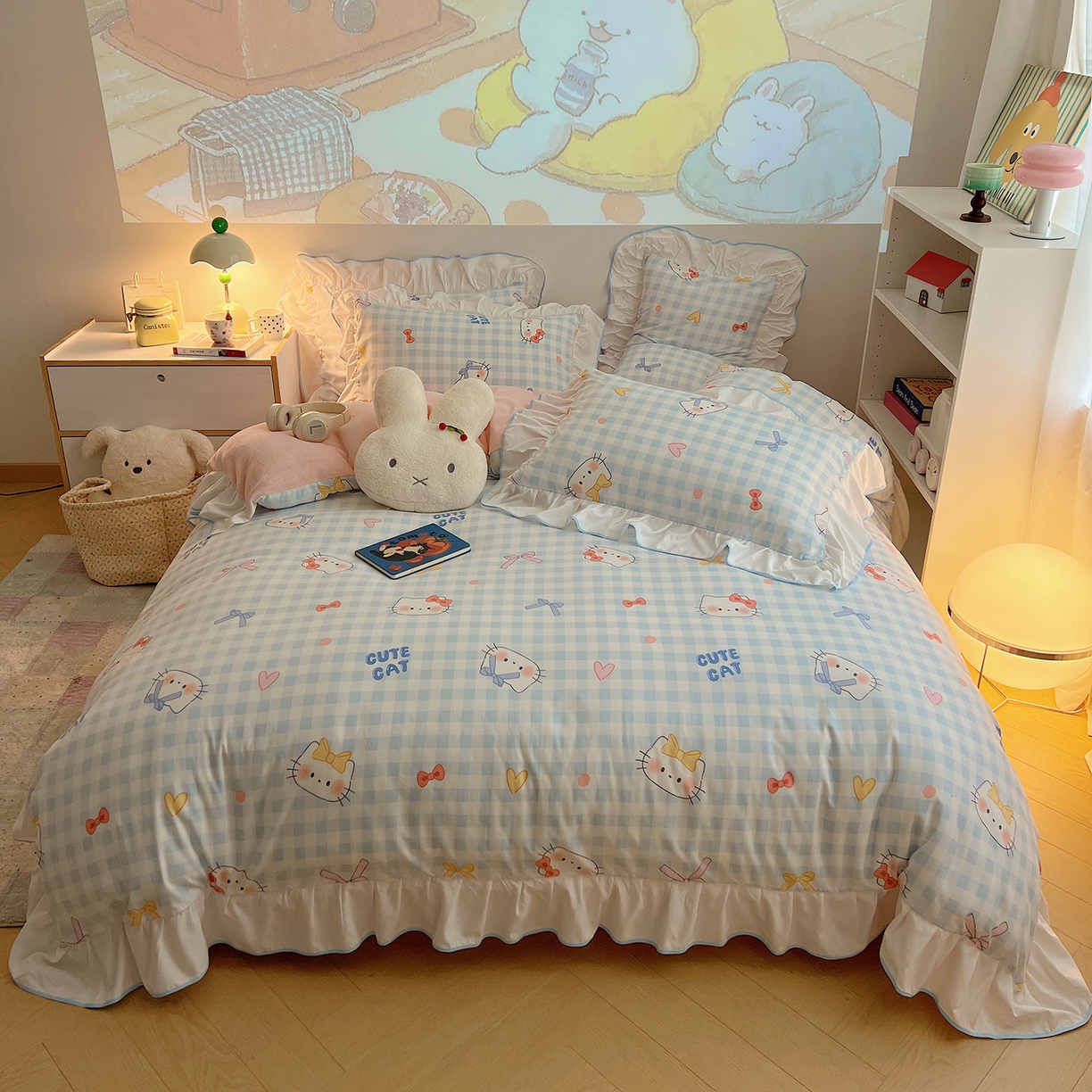 91家纺网 家纺一手货源 找家纺 （总）桃心家居 2025新款A类韩版花边撞色云柔水洗棉加厚牛奶绒少女猫咪棉绒四件套系列