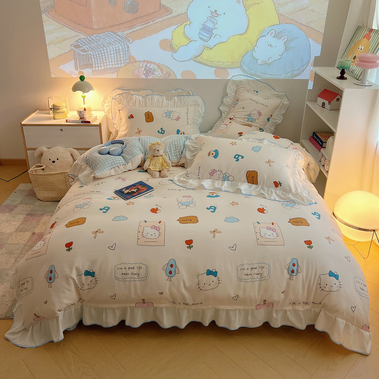 91家纺网 家纺一手货源 找家纺 （总）桃心家居 2025新款A类韩版花边撞色云柔水洗棉加厚牛奶绒少女猫咪棉绒四件套系列