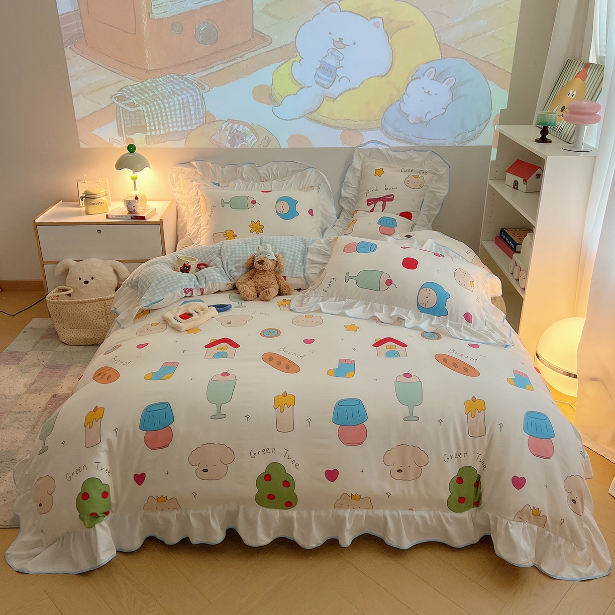 91家纺网 家纺一手货源 找家纺 （总）桃心家居 2025新款A类韩版花边撞色云柔水洗棉加厚牛奶绒少女猫咪棉绒四件套系列