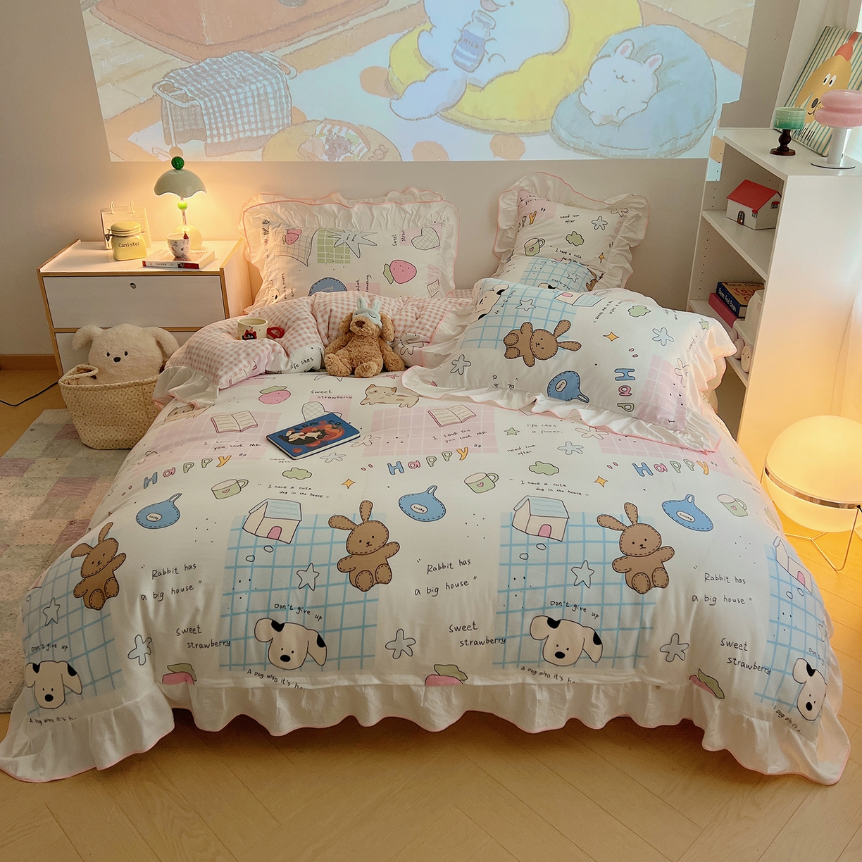 91家纺网 家纺一手货源 找家纺 （总）桃心家居 2025新款A类韩版花边撞色云柔水洗棉加厚牛奶绒少女猫咪棉绒四件套系列